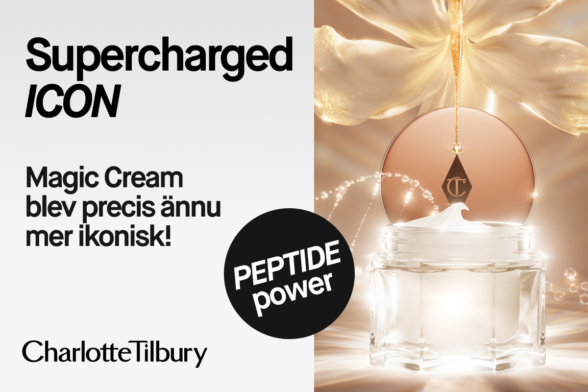 Charlotte Tilbury Magic Cream-kampanjbild. Kräm i gyllene ljus med en gyllene droppe som faller uppifrån. Text i bilden: ”Supercharged ICON”, ”Magic Cream on nyt entistäkin ikonisempi!” och ”Peptide power”.