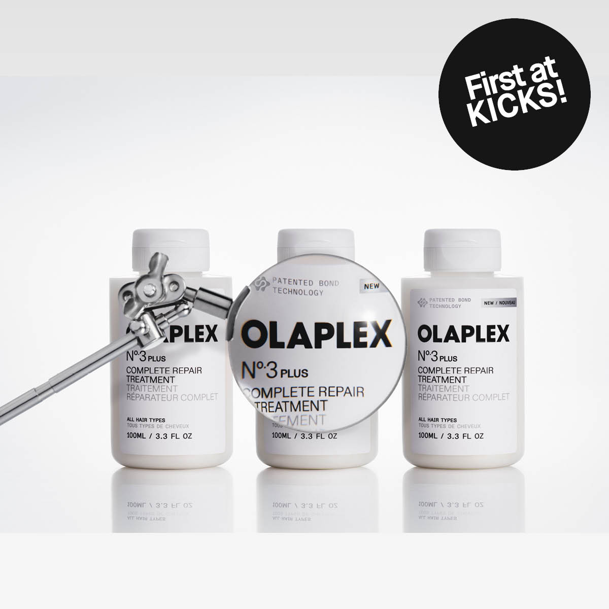Olaplex No.3 Plus hårbehandlingsprodukter mot ljus bakgrund.