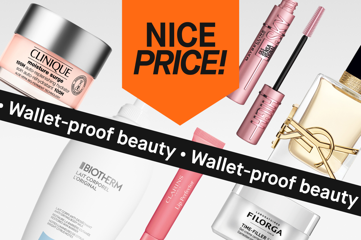 En bild som visar olika skönhetsprodukter inklusive parfym, kroppslotion, ansiktskräm, läppglans, mascara och ansiktsgel. Texten 'NICE PRICE!' är synlig på bilden.